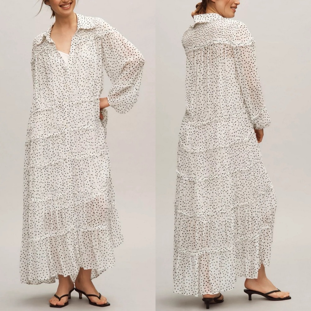 By Anthropologie Long-Sleeve Smocked Tiered Maxi Dress Black White Polka Dot S